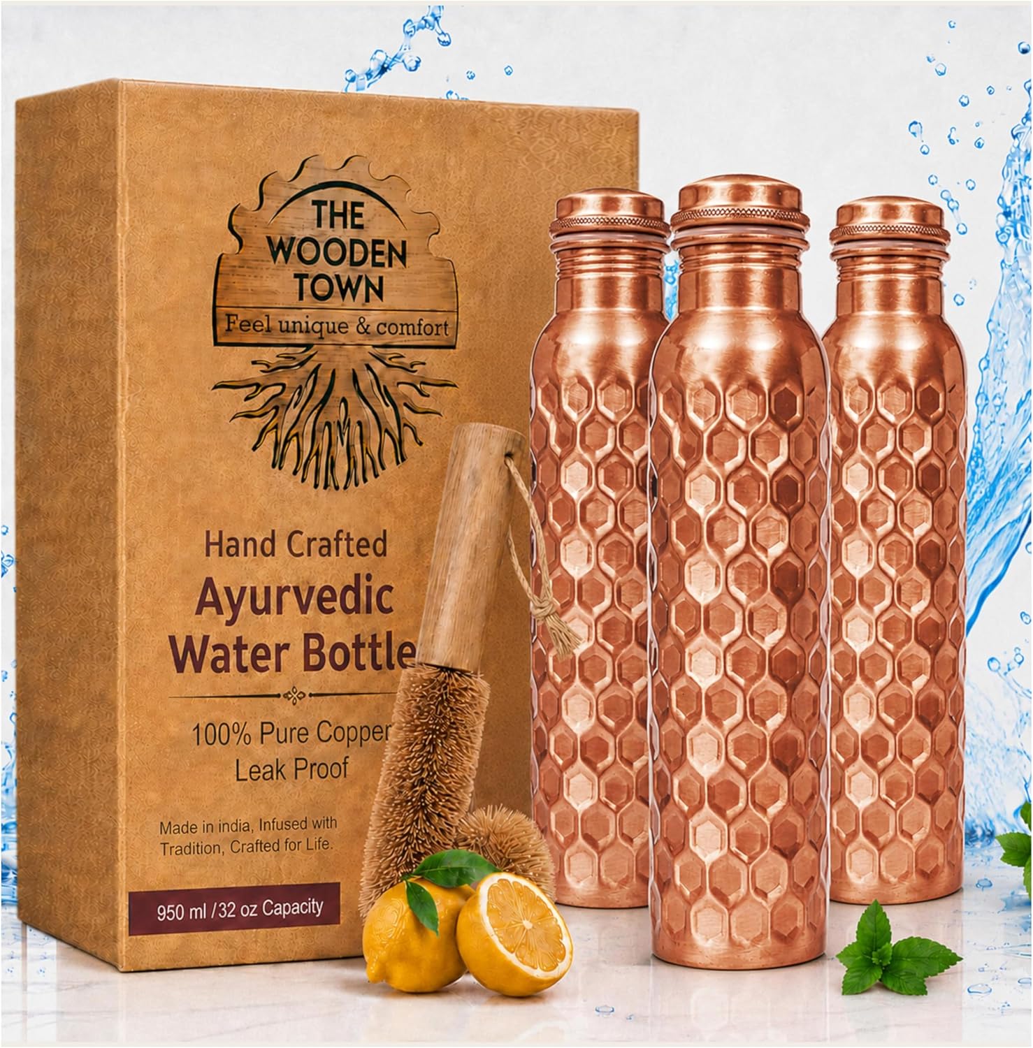 Ayurvedic & Herbal Wellness Kits - مجموعة من 3 زجاجات ماء نحاسية